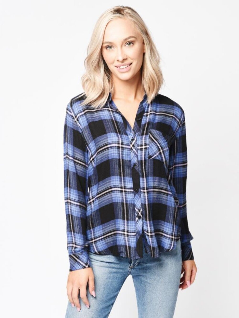 ☀️ Rails Hunter Midnight Blue Pink Plaid Rayon Button Down Flannel Shirt S